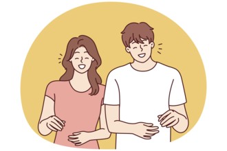 Happy man and woman stands and smiling experience positive emotions from walking together. Everyday