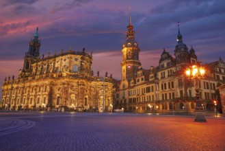 Dresden sunset Residenzschloss and Hofkirche buildings in Germany