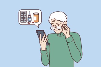 Elderly man orders medicines for home delivery using mobile phone from pharmacy application.