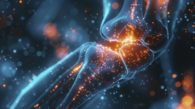 Digital art depicting a blue and orange neural network with glowing connective tissues and cells,