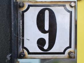 Vintage, house number plate, number 9, digit, anniversary, birthday, North Rhine-Westphalia,