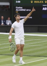 Spanish tennis player Carlos Alcaraz celebrating at the 2024 Wimbledon Championships, London,