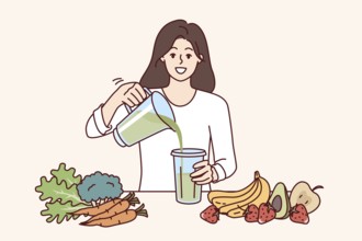 Woman drinks diet smoothie made in blender from organic fruits and vegetables with healthy vitamins