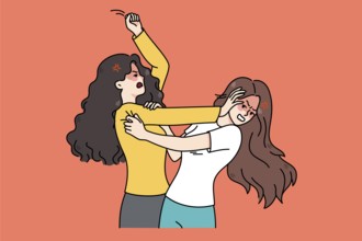 Pair of angry young women fight and quarrel. Mad teenage girls fighting pulling hair. Female