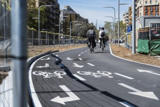 Newly built, two-lane cycle path in Barcelona, Spain, Europe