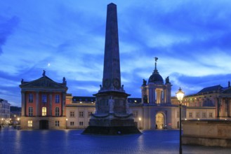 City Palace with Fortuna Portal, Obelisk, Alter Markt in the evening, Potsdam, Brandenburg,