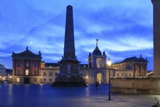 City Palace with Fortuna Portal, Obelisk, St. Nikolai Church, Old Market in the evening, Potsdam,
