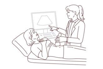 Doctor do belly ultrasound for woman lying on bed in hospital or clinic. Gynecologist or GP scan
