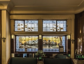 Brussels, Belgium, 01 18 2019: Art deco interior design of the tavern L'Espérance with stained