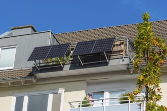 Balcony power station on a balcony of an attic flat in Düsseldorf, Germany, Europe