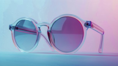 Stylish sunglasses with clear frames are showcased against a reflective blue and pink gradient, ai
