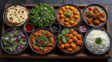 An array of Kashmiri dishes including chickpea curry, palak paneer, and rice with naan, AI