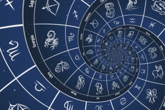 Astrological background with zodiac signs and symbol, blue