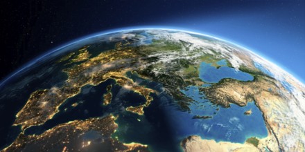 Highly detailed Earth with atmosphere, exaggerated relief and light-flooded cities. Transition from