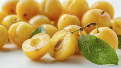 Fresh yellow plums (Prunus domestica) with leaves on a white background, emphasizing their natural