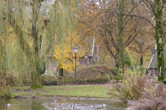 A park with a pond and ducks, surrounded by autumn trees, weseke, münsterland, germany