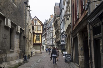 Rouen, France, August 30, 2018: Old houses in the tourist center of Rouen, built in the traditional
