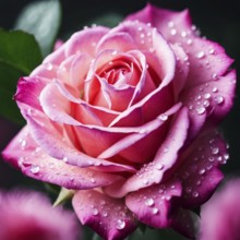 Half-bloom pink rose with gradient petals and dew drops on a fresh morning, AI generated
