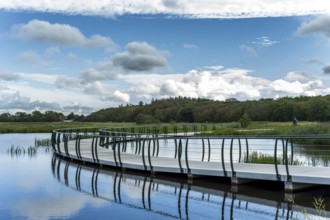A modern bridge winds over the calm water, crowned by a cloudy sky, Tureluur cycle bridge, Texel