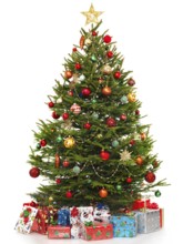 Beautiful decorated Christmas tree with colorful wrapped gifts under it. Isolated on white
