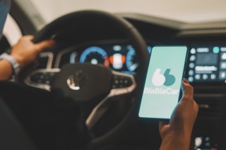In this photo illustration, the BlaBlaCar logo is displayed on a smartphone screen