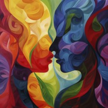 Artistic abstraction of a kissing couple, represented by a sea of colours and swirls, AI generated
