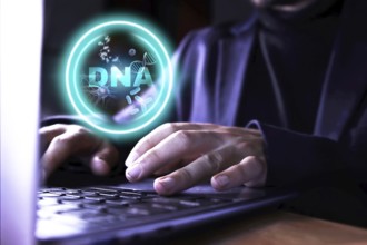 DNA research. Hands of a business man using the computer doing research and work on DNA. Concept of