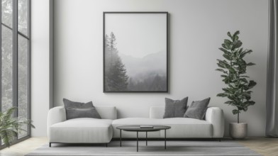 A minimalist living room with a gray sofa and large framed artwork on the wall, AI generated