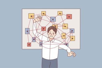 Unhappy man feel stressed with overwhelming work tasks and issues. Confused male employee