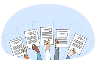Diverse people hands raise up holding resume or CV offer candidacy at open position. Applicants or