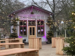 Christmas-decorated dairy spa, open-air restaurant in Magdeburg, Saxony-Anhalt, Germany, Europe