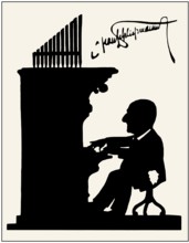 Anton Bruckner playing organ, Silhouette print by Hans Schließmann, digitally edited