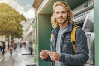 AI generated, A young man with a cheque card withdraws money from an ATM, 25, 30, years