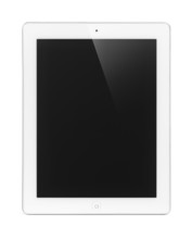 White Apple iPad 2 tablet computer with blank display. Isolated with clipping path on white
