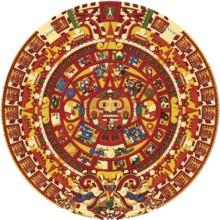 Aztec sun stone calendar illustration. Post classic Mexica sculpture