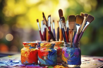 Colourful painter's brushes with oil paint in coloured jars, AI generated