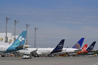 Various Lufthansa, Air Dolomiti, United Airlines, Air Malta, aircraft at check-in position in front
