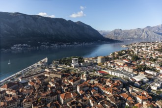 View of the town of Kotor and the Bay of Kotor from the hill above the town, Montenegro, Europe
