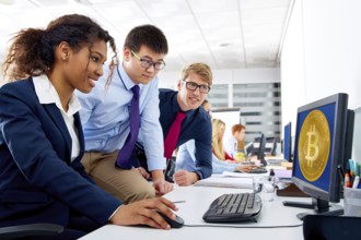 Business team trading bitcoin btc in a computer screen