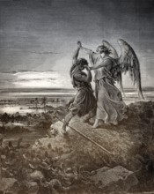 Jacob Wrestles with the Angel, woodcut by Gustave Doré