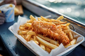 Fish and chips served in a paper bowl on a sunny day, AI generated, AI generated