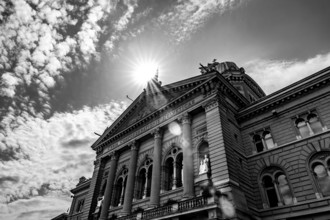 Beautiful Bundeshaus Parliament Building or Federal Palace in a Sunny Day with Sunbeam and Lens