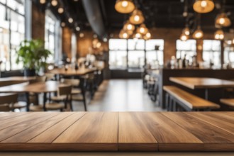 Spacious, modern restaurant with wooden dining tables and industrial lighting creating an inviting