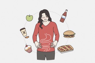 Gastro system and healthy digestion concept. Young smiling woman cartoon character standing showing