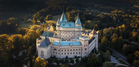 Bojnice, Slovakia, 26 September, 2022: aerial panorama view of Bojnice Castle in Slovakia
