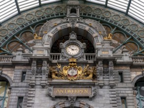 Opulent, historic interior view of the old Antwerp-Centraal terminus station with the famous old