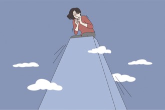 Acrophobia and fear of heights concept. Young stressed woman cartoon character sitting on peak of