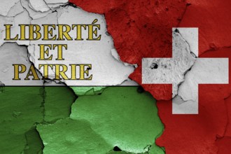 Flags of Vaud canton and Switzerland painted on cracked wall