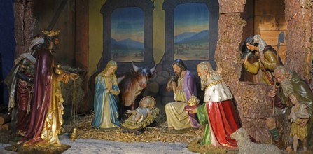 Christmas cot, Holy Family, Three Wise Men, Parish Church of St Peter and Paul, Dieburg, Hesse,