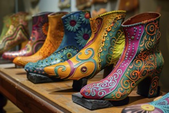 Colorful artisanal boots with vibrant floral patterns on display, AI generated